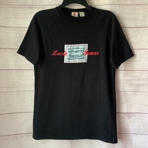 Vintage Levi Black T Shirt with Two Horse Logo Patch and Embroidery Size Medium